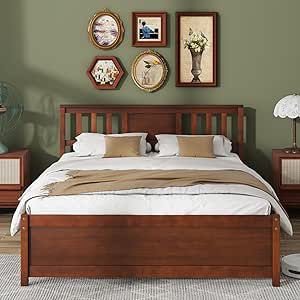 Giantex Full Size Solid Wood Platform Bed Frame, Mid Century Full Bed Frame with Headboard, Wood Slat Support, Double Panel Bed, No Box Spring Needed, Easy Assembly, Walnut