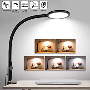 LED Desk Lamp Flexible Gooseneck, Touch Control Dimmable Metal Clamp Light with 5 Brightness Levels & 5 Color Modes, Memory Function, 10W Eye-Care Lamps for Office, Work, Reading, Study (Black)