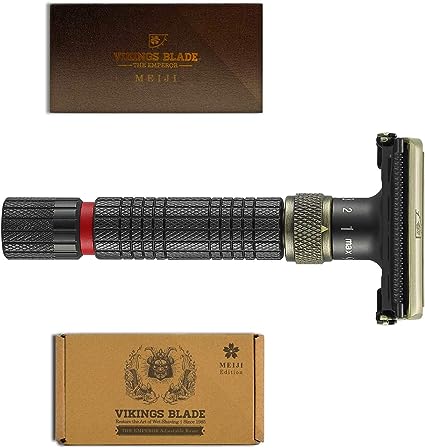 Adjustable Double Edge Safety Razor, The Emperor MEIJI by VIKINGS BLADE, Short & Fat Handle, Solid Brass, Butterfly Twist-To-Open, Eco Friendly, Luxury Case. Smooth, Close, Clean Shaving Razor