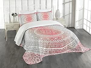 Ambesonne Grey and Red Bedspread, Hippie Ombre Mandala Cosmos Pattern with Flower Geometr?c Indie Image, Decorative Quilted 3 Piece Coverlet Set with 2 Pillow Shams, Queen Size, Vermilion Grey