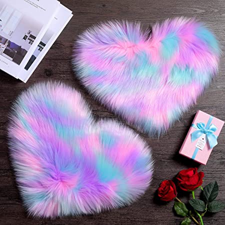 2 Pieces Fluffy Faux Sheepskin Area Rug Heart Shaped Rug Fluffy Room Carpet for Home Living Room Sofa Floor Bedroom, 12 x 16 Inch (Purple, Blue, Pink)