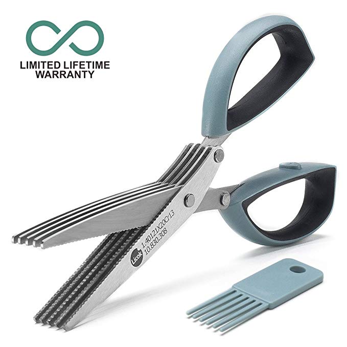 Herb Scissors - 5 Blade Scissors Herb Shears with Soft Grip Rubber Handles, Micro-serrated Stainless Steel Blades and Cleaning Comb. Kitchen Scissors for Herbs, 5 Blade Herb Scissors Easy for Cleaning