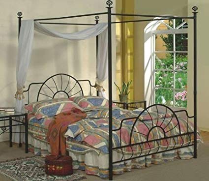 Queen Size Black Finish Canopy Metal Bed Headboard and Footboard