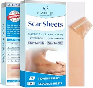 Plantifique Silicone Scar Sheets 6 PCS [5.7"x1.6"] - Medical-Grade Silicone Sheets - Post Surgery Fast Acting Silicone Scar Strips for C-Section & Keloid Surgery, Burns, Tummy Tuck, Surgical Tape