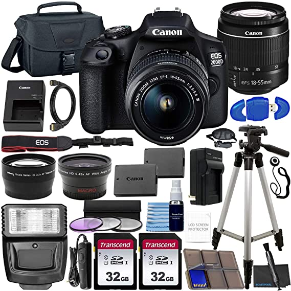 Canon EOS 2000D (Rebel T7) DSLR Camera with EF-S 18-55mm f/3.5-5.6 DC III Lens & Ultimate Accessory Bundle – Includes: 2X 32GB SDHC Memory Card, Extended Life Battery, Case, Filters & More