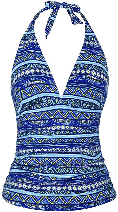 Hilor Women's Plunging V Neck Halter Swim Tops Shirred Tankini Top