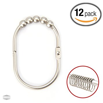 2LB Depot Wide Shower Curtain Rings / Hooks Set, Decorative Brushed Satin Nickel Finish, Easy Glide Rollers, 100% Rustproof Stainless Steel, Set of 12 Rings for Shower Rods