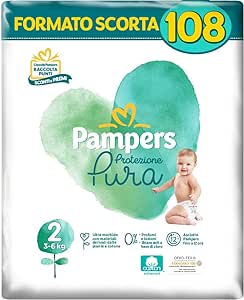 Pampers Protezione Pura (Naturello), 108 Pannolini Contenenti Cotone e Materiali Naturali Derivanti dalle Piante, 0% Profumo, Taglia 2 (3-6 Kg)