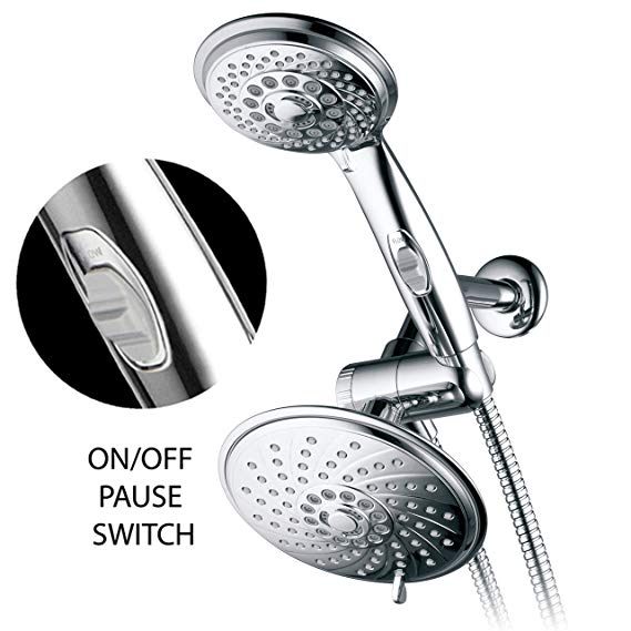 HotelSpa 6'/4' Shower-Head/Handheld Shower Spiral Combo w/Patented ON/OFF Pause Switch and 5-7 foot Stretchable Stainless Steel Hose (Premium Chrome)