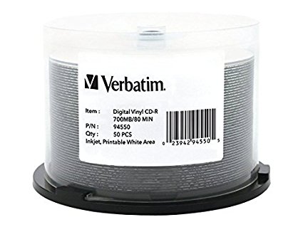 Verbatim CD-R 80min 52X with Digital Vinyl White Inkjet Printable Surface, Hub Printable - 50pk Spindle 94550