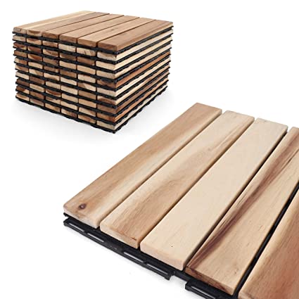 Deck Tiles - Patio Pavers - Teak Wood Outdoor Flooring - Interlocking Patio Tiles (20, Natural Acacia Straight)