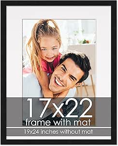 17x22 Black Frame with Mat - Black 19x24 Frame Wood Made to Display Print or Poster Measuring 17 x 22 Inches with White Photo Mat