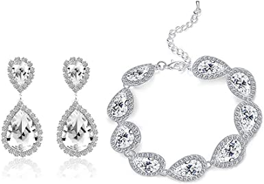 Paxuan Womens Silver / Gold Plated Teardrop Crystal Wedding Bridal Jewelry Set Pendant Necklace Drop Dangle Earrings Set