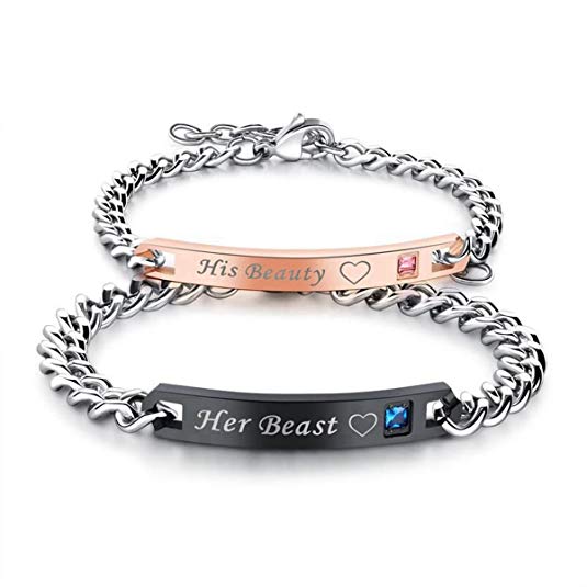 "Her Beast""His Beauty" 2 Pcs Stainless Steel Couple Bracelet Matching Set Chain Bracelet Jewellery for Couple