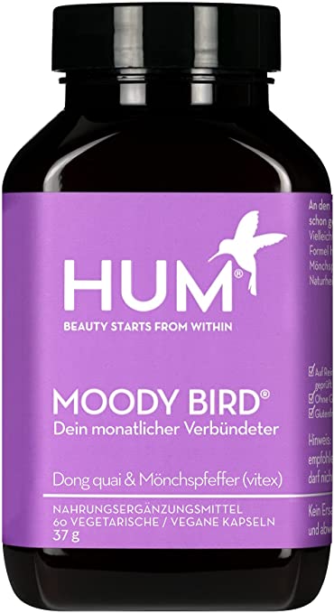 HUM Moody Bird – Nahrungsergänzungsmittel mit Mönchspfeffer & Dong Quai für das weibliche Wohlbefinden – unterstützt bei Krämpfen, Heißhunger und Gereiztheit (60 vegane Kapseln)