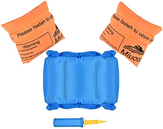 FIRINER Arm Floaties for Kids 2 in 1 Inflatable Swimming Floatation Set with Roll Up Arm Band Water Wings, Swim Belt and Mini Pump for Adults and Kids Swimming Training Floater