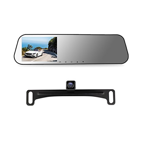 AUTO-VOX M2 1080P HD Dual lens Rearview Mirror Dash Cam with Car Recorder and Reverse Parking System, Car Rear View Backup Camera and 32GB Micro-SD Included