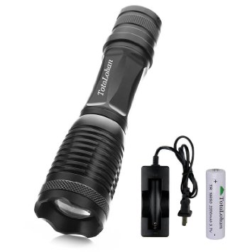 TotaLohan T2000 Tactical Flashlight Rechargeable 18650 Battery and Charger Included Cree XML T6 Water Resistant Camping Torch Adjustable Focus Zoom Tactical Light Lamp for Outdoor Sports