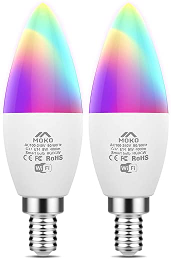 MoKo Smart WiFi LED Light Bulb, 5W E14 Dimmable Candle Bulb Compatible with SmartThings/Alexa Echo/Google Home, Voice/APP Control,RGB   Cool White   Warm White, Timer, No Hub, Only 2.4GHz, 2 Pack