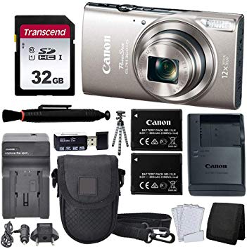 Canon PowerShot ELPH 360 HS Digital Camera (Silver)   Black Point & Shoot Case   AC/DC Travel Charger & Replacement Battery   Transcend 32GB UHS-I U1 SD Memory Card   Top Value Accessories!