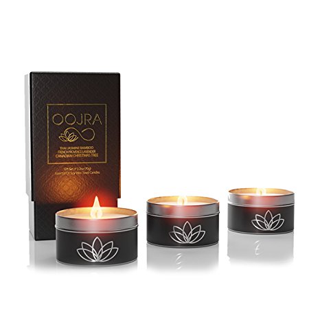 Oojra Essential Oil Scented Soy Wax Luxury Travel Candle Gift Set of 3 with Gift Box - Thai Jasmine Bamboo, French Provence Lavender, Canadian Christmas Tree