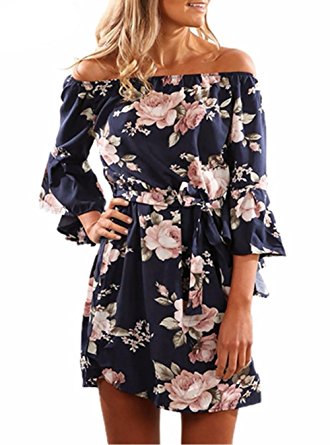 Women's Off Shoulder Strapless Floral Print Trumpet Sleeve Summer Casual Vacation Boho Mini Dress