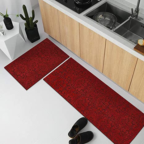 Kitchen Runner Rug Sets and Mats Comfort Non-Slip Door mat Natural Rubber Backed (2 Set 17.5 X 27.5 Inches 17.5 x 55 Inches, Red)