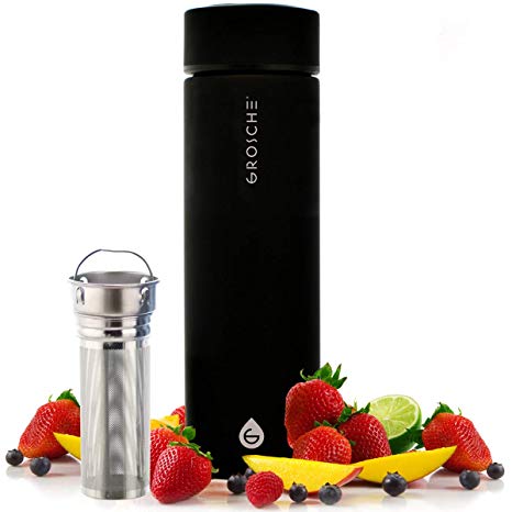 GROSCHE Chicago SOFT TOUCH (Black) fruit infuser water bottle | Double Walled Tea infuser bottle | Vacuum insulated stainless steel water bottle | 450 ml/ 15.2 fl. Oz EXTRA LONG TEA INFUSER