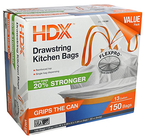 HDX HDX716866 13 gal Kitchen Drawstring White Trash Bag