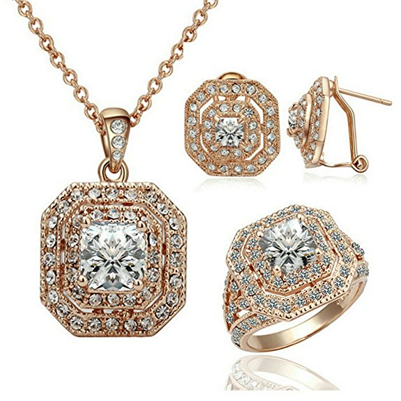 [Costume Jewelry] Yoursfs Indian Luxury Jewelry Sets,18K Gold Plated Bling Cocktail Jewelry,Square Pendant Necklace & Earrings & Halo Rings,Wedding Beautiful Jewelry Sets for Bride