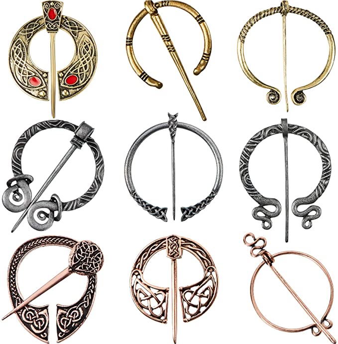 9 Pieces Vintage Viking Brooch Cloak Pin Scarf Shawl Buckle Clasp Pin Brooch Penannular Brooch for Costume Accessory, Antique Silver, Gold, Rose Gold