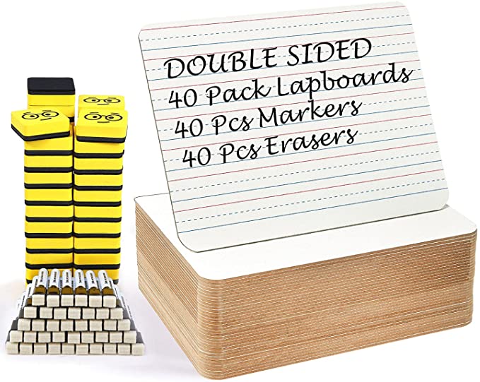 Double Sided Dry Erase Boards - Lined/Plain, Ohuhu 40-Pack 9 x 12 Inch Whiteboards Set, Including 40 x Lap Board, 40 x Black Markers, 40 x White Boards Eraser for Students, Classroom, School, Back to School Gift