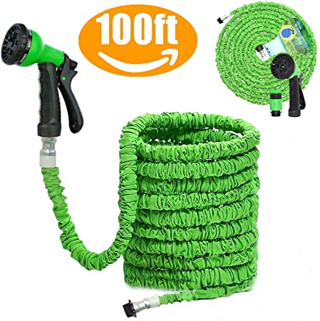 100FT Deluxe Expandable Garden Water Hose Pipe -8 -Pattern Spray Gun Anti-leakage,Super Light Weight Expandable Hose Pipe Natural Latex Triple Layer Hosepipe Expands Up To 30 Metres (100FT, Green)