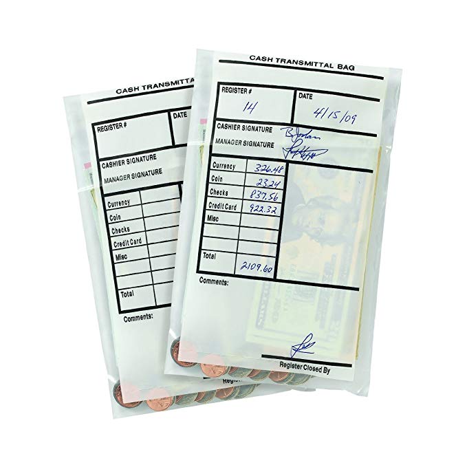 MMF Industries Cash Transmittal Bags, Self-Sealing with Permanent Adhesive, 6" x 9", 100-Pack (236006120)