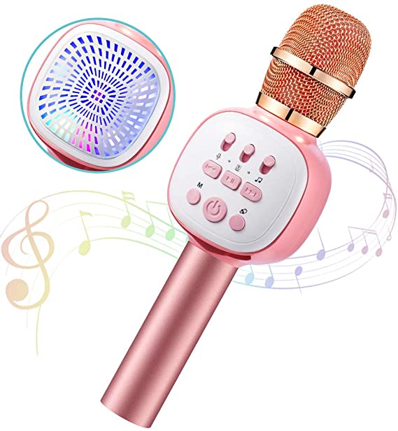 Kids Karaoke Microphone,ANYOUG Wireless Bluetooth Microphone with LED Lights,Magic Sing Voice Changer,Portable Karaoke Microphone Speaker Singing Machine for Christmas Birthday Gift Party Pink