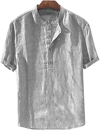 Mens Linen Henley Shirt Casual Short Sleeve T Shirt Pullovers Tees Button Cotton Shirts Smuuer Beach Tops