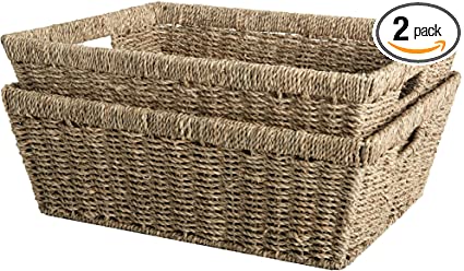 StorageWorks Large Wicker Baskets, Seagrass Baskets for Organizing, Handwoven Storage Baskets with Built-in Handles, 2 Pack