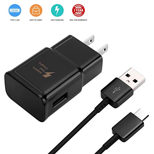Adaptive Fast Wall Charger Adapter with USB Type C to A Cable Cord Compatible Samsung Galaxy S10 / S8 / S8 Plus/ S9 / S9  / Active/Note 8 / Note 9 and More - Black