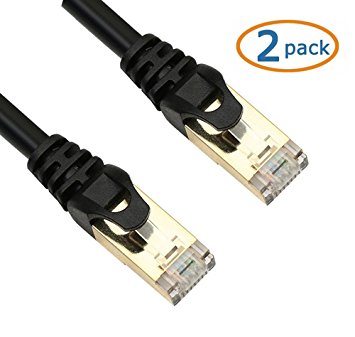 iCreatin 2-Pack Unlimited CAT 7 Double Shielded 10 Gigabit 600MHz Ethernet Patch Cable, Gold Plated Plug STP Wires CAT7 for High Speed Computer Router Ethernet LAN Networking -3 Feet Black