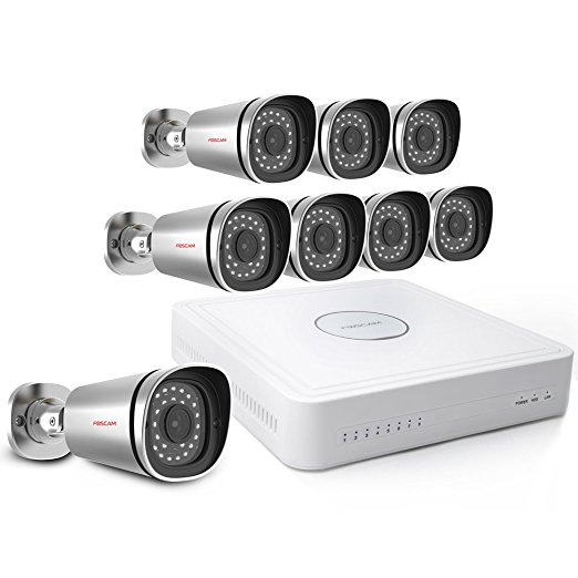 Foscam FN3108XE-B8-2T NVR xPoE Professional Security System, with 8 Channels, 8 Outdoor 720P HD IP Cameras, View on Mobile APP, 2TB Hard Drive