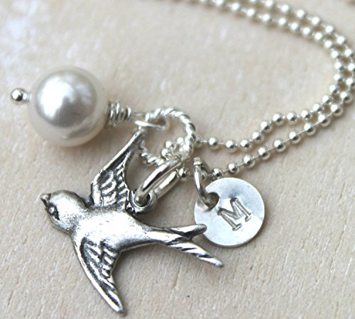 FREE SHIPPING Sterling Silver Personalized Bird Sparrow and Initial Necklace. Famliy, Mother, Grandmother. Swarovski Birthstone or Pearl