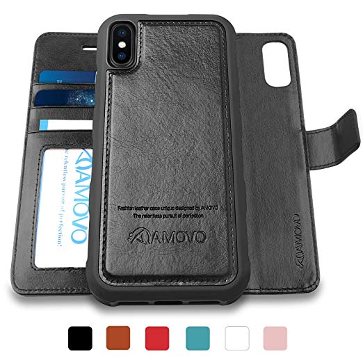 AMOVO Case for iPhone Xs Max [2 in 1] iPhone Xs Max Wallet Case Detachable [Vegan Leather] [Hand Strap] [Magnetic Closure] iPhone Xs Max Folio Flip Case (6.5’’) with Gift Box Package (Black)