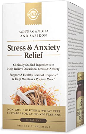 Solgar Stress & Anxiety Relief, 30 Tablets - Clinically Studied Ashwagandha & Saffron - Helps Relieve Occasional Stress & Anxiety, Helps Maintain a Positive Mood - Non-GMO, Gluten Free - 30 Servings