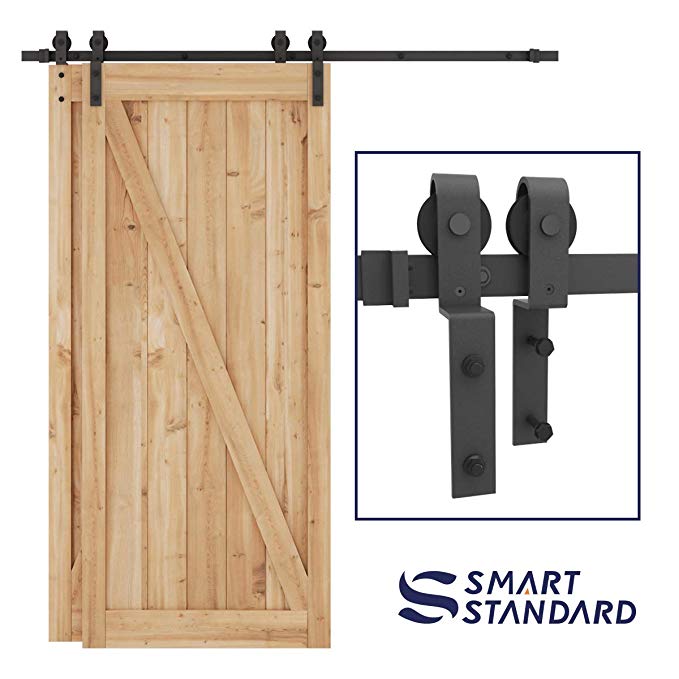 SMARTSTANDARD 6.6ft Bypass Sliding Barn Door Hardware Kit - Upgraded One-Piece Flat Track for Double Wooden Doors - Smoothly &Quietly - Easy to Install -Fit 36"-40" Wide Door Panel(J Shape Hanger)