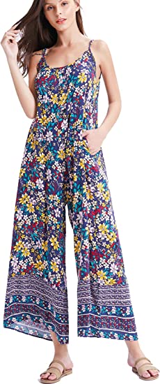 BUENOS NINOS Women's V Neck Floral Maxi Dress Boho Printed Adjustable Spaghetti Strap Ethnic Beach Long Dress with Pockets