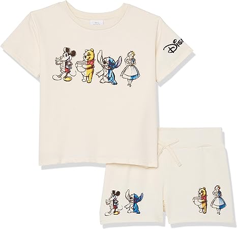 Disney Girls D100 Character Girls French Terry Tee & Short Set - Mickey, Stitch, Winnie the Pooh, Alice