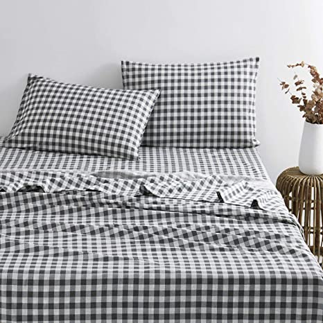 Wake In Cloud - Gray Plaid Sheet Set, 100% Cotton Bedding, Grey Buffalo Check Checker Gingham Geometric Pattern Printed (4pcs, Queen Size)