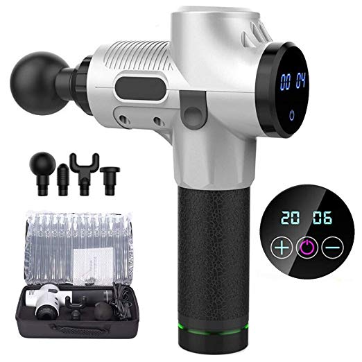 Massage Gun, Portable Deep Tissue Percussion Massager with 4 Replaceable Heads and LCD Touch Screen, Cordless Handheld Massager Drill for Athletes (White)