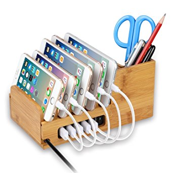 Bienmonde Handmade Bamboo Multi-Device Charging Station Stand Docks Desktop Organizer for Anker RAVPower Powered 4/5/6-Port USB Charger for iPhone iPod iPad Samsung Kindle Universal Smart Phone Tablet