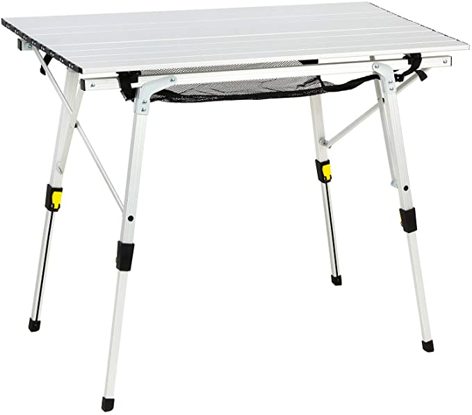 Portal Outdoor Folding Portable Picnic Camping Table with Adjustable Height Aluminum Roll Up Table Top Mesh Layer